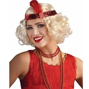 Blonde Curly Flapper Wig with Red Feather Headband..20's  30's 40's...Gatsby